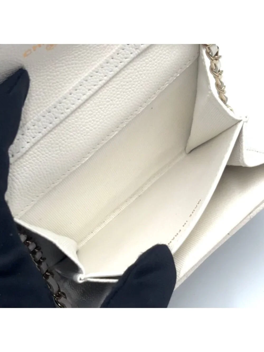 Chanel Quilted Mini Chain Random Caviar Leather White Wallet Gold